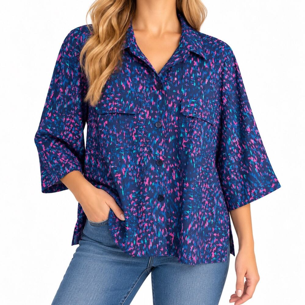 NEW NWT Chicos Sz XL 3 Blue Pink Utility Shirt Blouse Top Tropical Summer Artsy